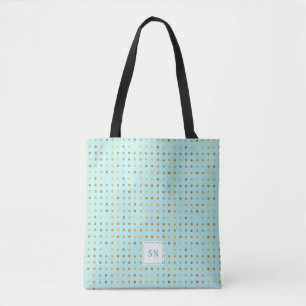 Gold Polka Dots on Mint Green Monogrammed Tote Bag