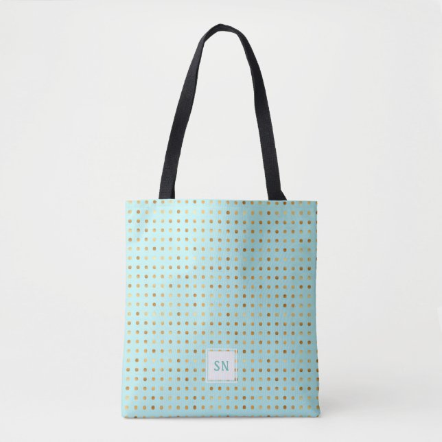 Gold Polka Dots on Mint Green Monogrammed Tote Bag (Front)