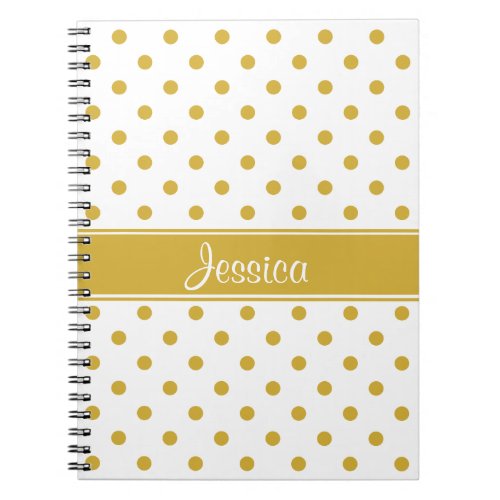 Gold Polka Dots on White Chic Personalized Name Notebook