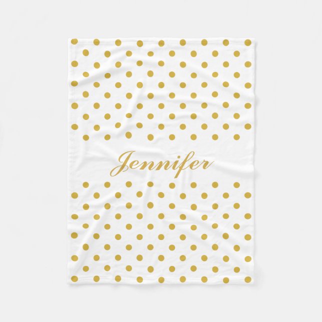 Gold Polka Dots on White Personalized Name Fleece Blanket (Front)