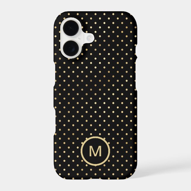 Gold Polka Dots Pattern Monogram Initial Black iPhone Case (Back)