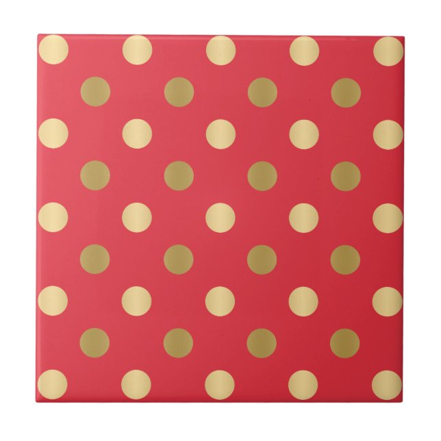Gold polka dots  pattern on red ceramic tile (Front)