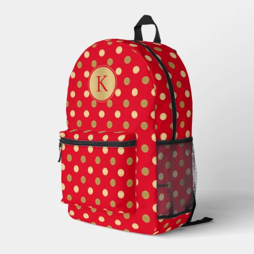 Gold polka dots pattern on red printed backpack