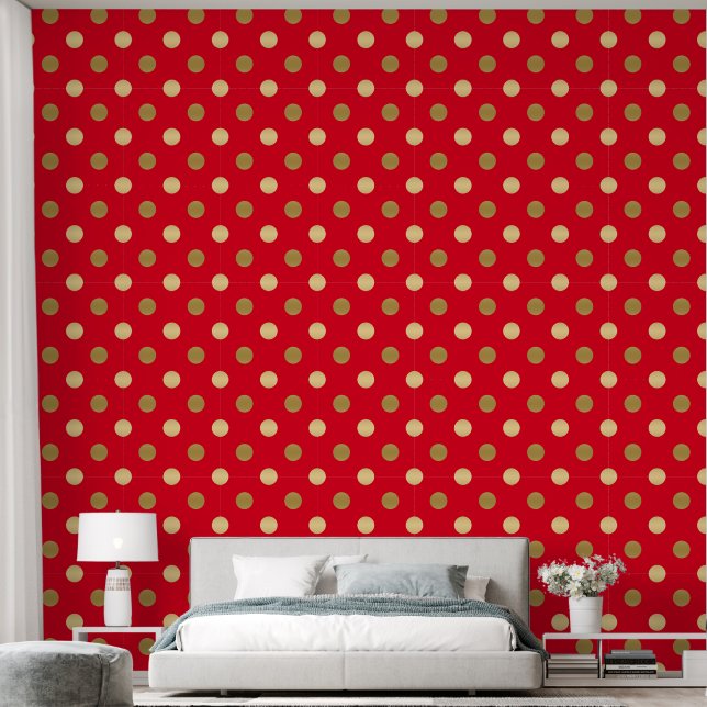 Gold polka dots pattern on red wallpaper  (Bedroom)