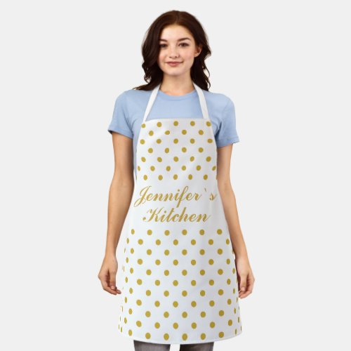 Gold Polka Dots Pattern on White Personalized Name Apron