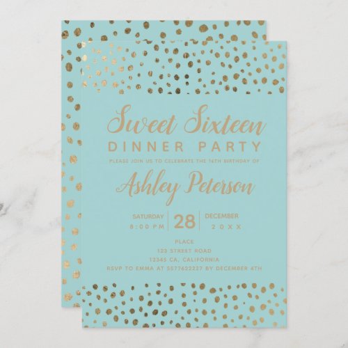 Gold polka dots typography robbin egg Sweet 16 Invitation