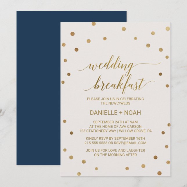 Gold Polka Dots Wedding Breakfast Invitation (Front/Back)