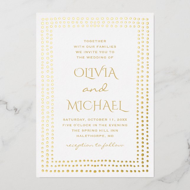 Gold polka dots wedding. Elegant simple geometric Foil Invitation (Front)