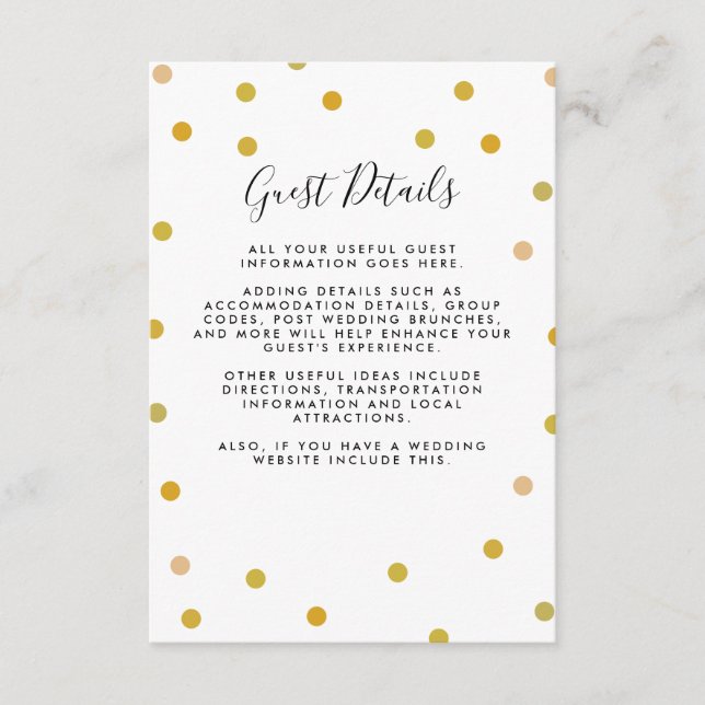 Gold Polka Dots Wedding Guest Information Details Enclosure Card (Front)