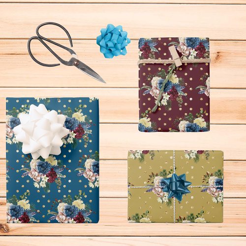 Gold Polka Dots Winter Holiday Floral Flower Wrapping Paper Sheets