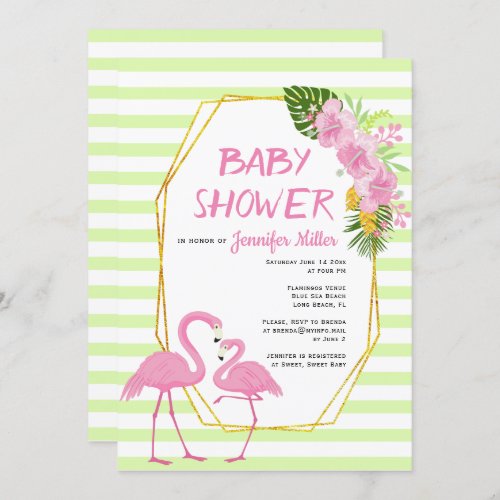 Gold polygon and flamingos baby shower invitation