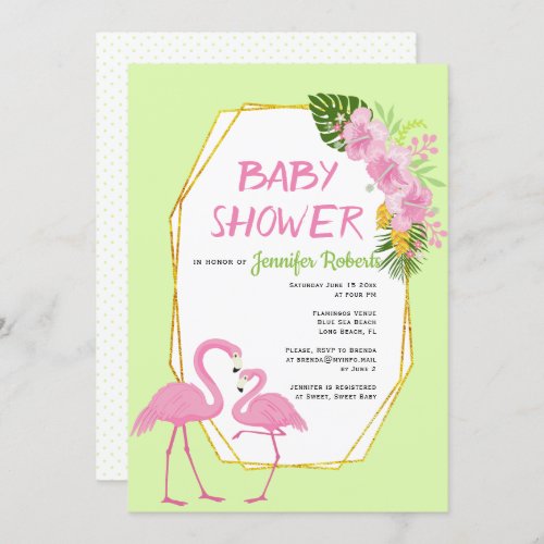 Gold polygon and flamingos pale green baby shower invitation
