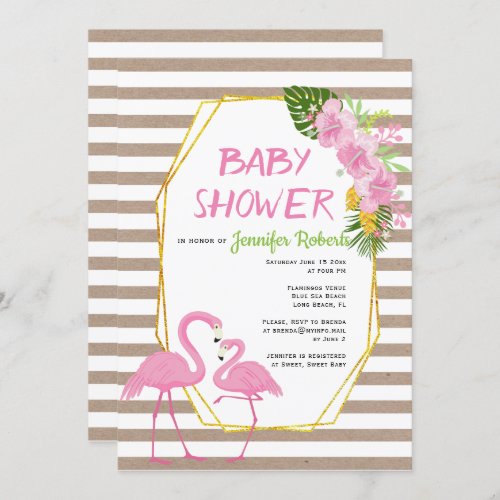 Gold polygon and flamingos rustic baby shower invitation