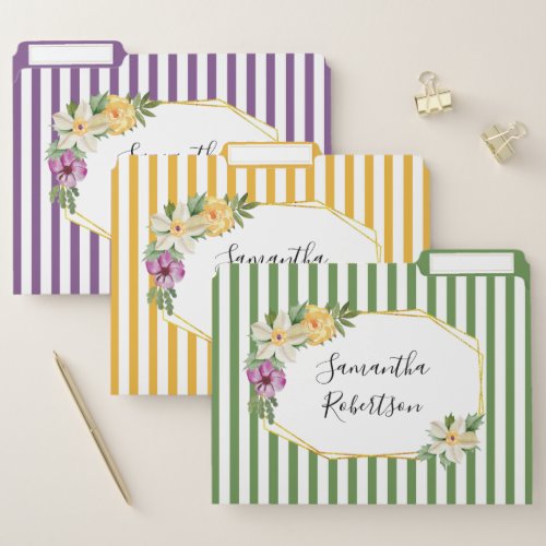 Gold polygon and flowers and stripes personalized file folder