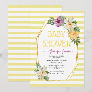 Gold polygon and flowers floral baby yellow shower invitation