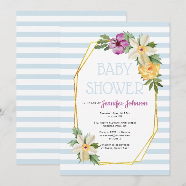 Gold polygon and flowers floral blue baby shower invitation (Front/Back)