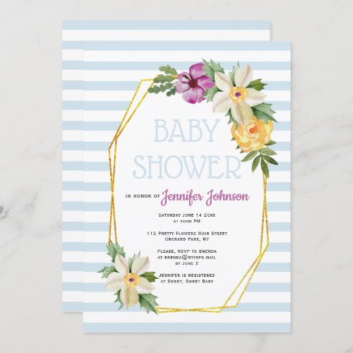 Gold polygon and flowers floral blue baby shower invitation