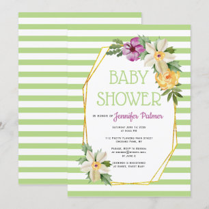 Gold polygon and flowers floral green baby shower invitation