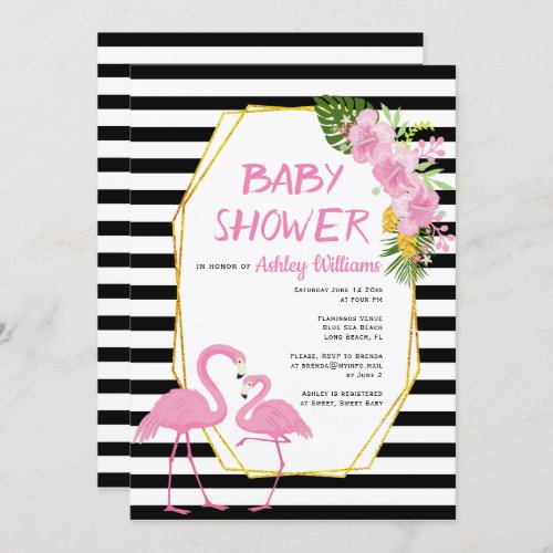 Gold polygon and pink flamingos baby shower invitation