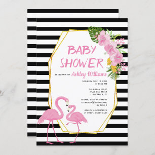 Gold polygon and pink flamingos baby shower invitation