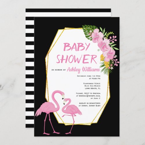 Gold polygon and pink flamingos black baby shower invitation