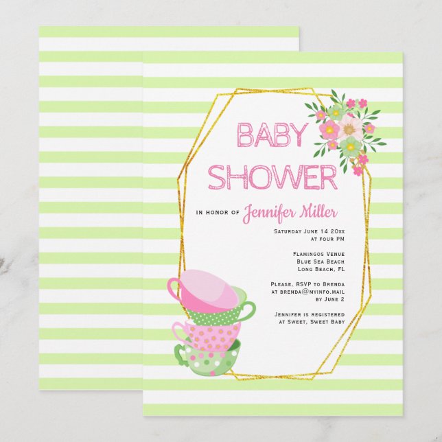 Gold polygon and tea party floral baby shower invitation (Front/Back)
