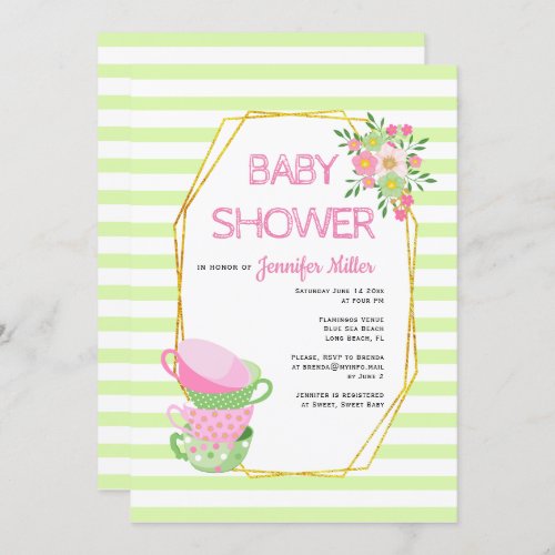 Gold polygon and tea party floral baby shower invitation