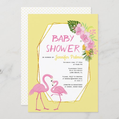 Gold polygon flamingo yellow polka dot baby shower invitation