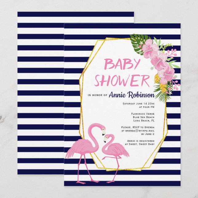 Gold polygon, flamingos navy blue baby shower invitation (Front/Back)