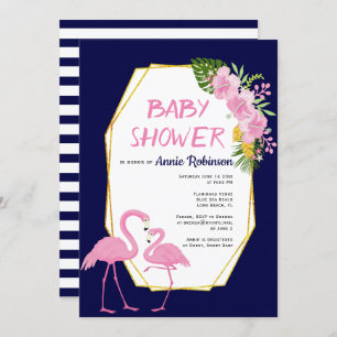 Gold polygon, flamingos navy blue baby shower invitation