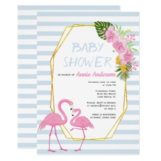 Gold polygon, flamingos pale blue baby shower invitation
