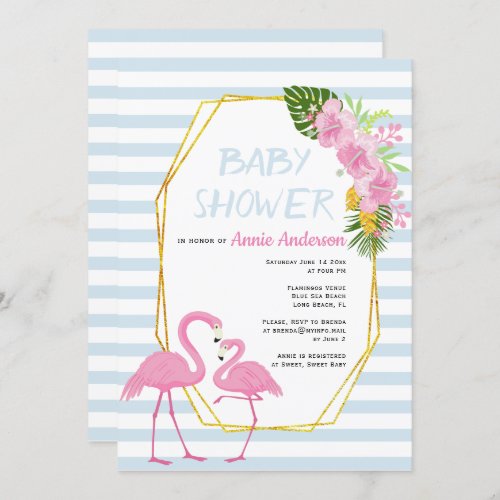 Gold polygon flamingos pale blue baby shower invitation