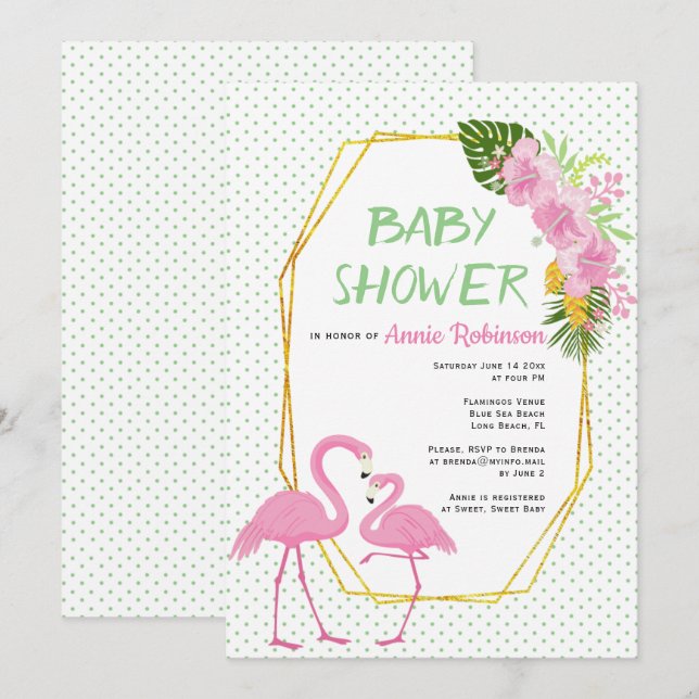 Gold polygon, flamingos polka dot baby shower invitation (Front/Back)