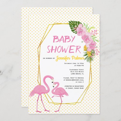 Gold polygon flamingos polka dot baby shower invitation