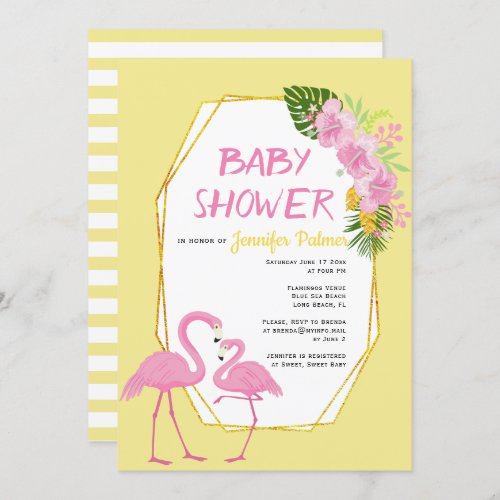 Gold polygon flamingos yellow baby shower invitation