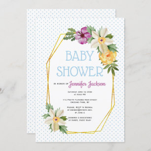 Gold polygon, flowers polka dot floral baby shower invitation