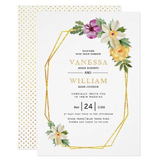 Gold polygon geometric floral wedding invitation