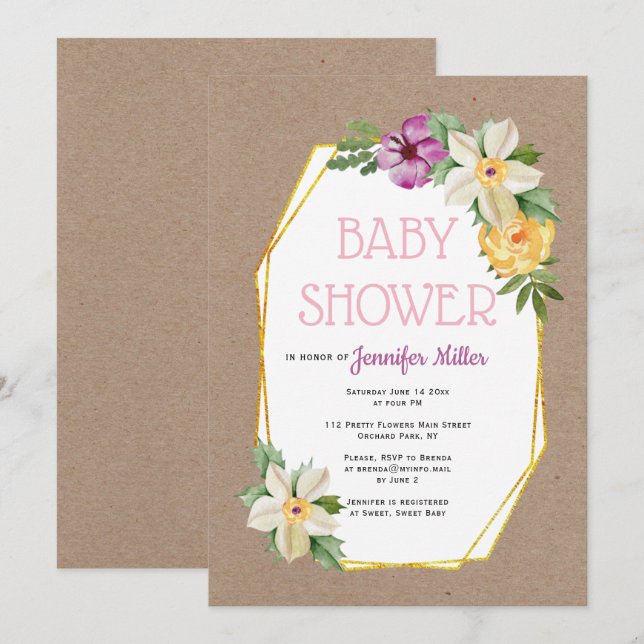 Gold polygon kraft paper rustic floral baby shower invitation (Front/Back)
