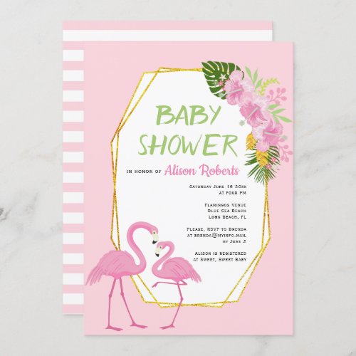 Gold polygon pink flamingos baby shower invitation