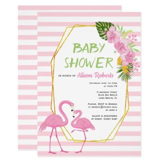 Gold polygon, pink flamingos baby shower invitation