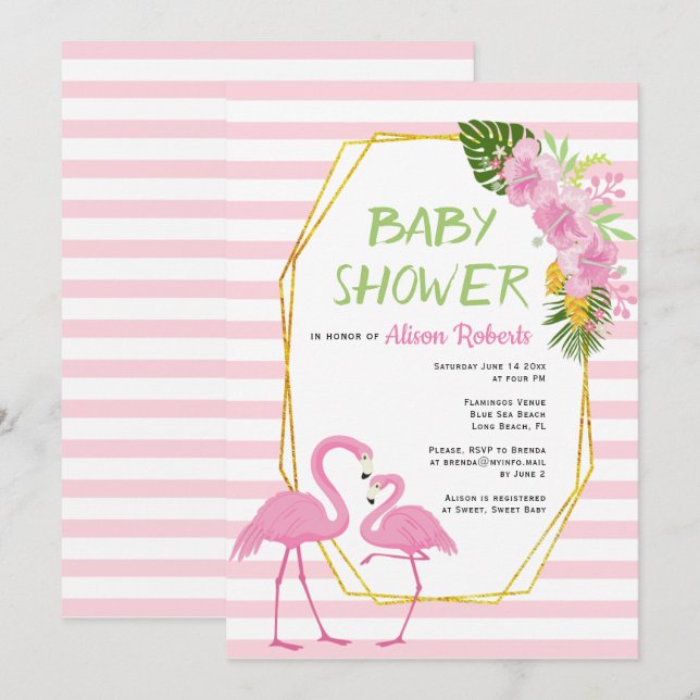 Gold polygon, pink flamingos baby shower invitation (Front/Back)