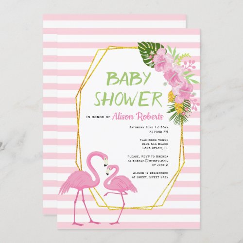 Gold polygon pink flamingos baby shower invitation