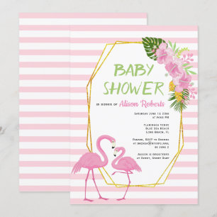 Gold polygon, pink flamingos baby shower invitation