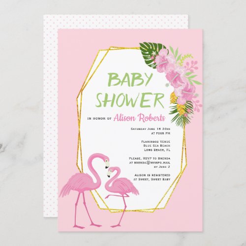 Gold polygon pink flamingos floral baby shower invitation