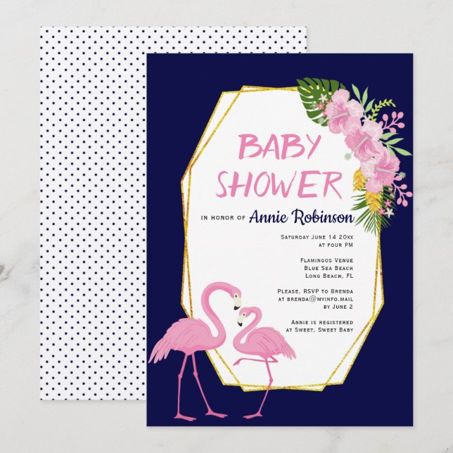 Gold polygon pink flamingos navy blue baby shower invitation (Front/Back)