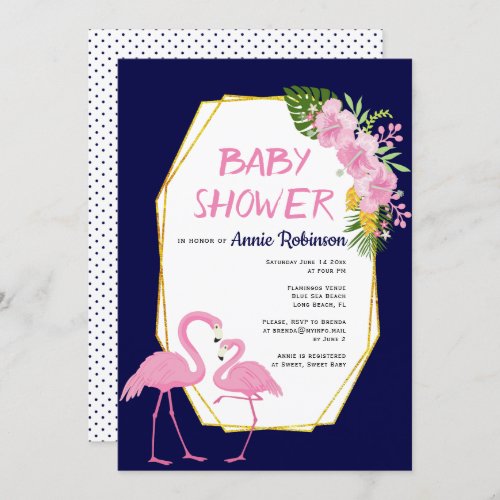Gold polygon pink flamingos navy blue baby shower invitation