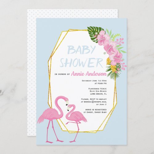 Gold polygon pink flamingos pale blue baby shower invitation