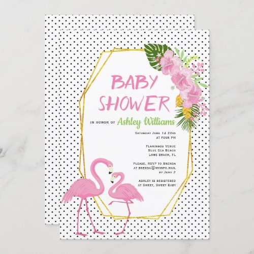 Gold polygon pink flamingos polka dot baby shower invitation