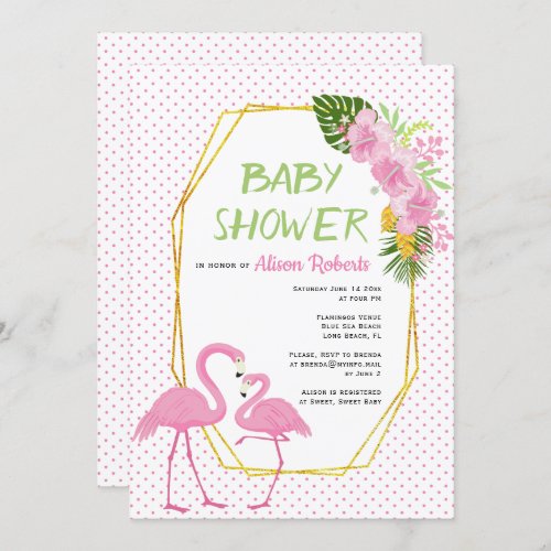 Gold polygon pink polka dot flamingos baby shower invitation