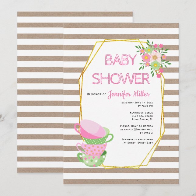Gold polygon rustic floral tea party baby shower invitation (Front/Back)